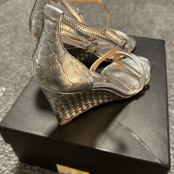 Badgley Mischka Carnation II Silver Strappy Wedge Heels - Picture 2 of 5